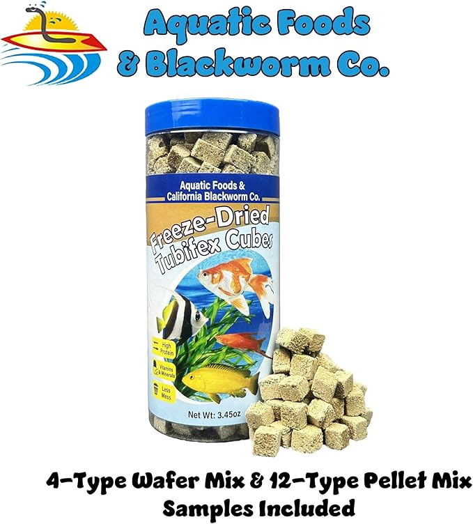 Aquatic Foods Inc. Tubifex Worms, Freeze Dried Tubifex Worm Cubes for Cichlids, Discus, Bettas, Marine Fish, Goldfish, Tropical Fish, 4-Type Wafer Mix & 12-Type Pellet Mix Included...3.45oz Canister