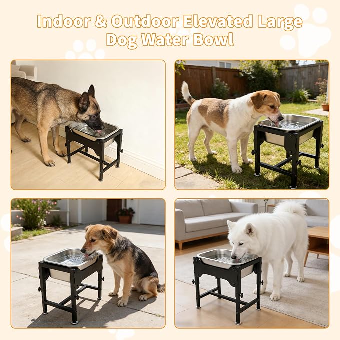 BWOGUE 1.25 Gal Elevated Dog Water Bowl, Raised Stainless Steel Bowl Stand | Raised Dog Water Bowl, 4 Adjustable Heights at 9/11/13/15 in, Non-Slip Base, Outdoor Use, Joint Pressure Relief
