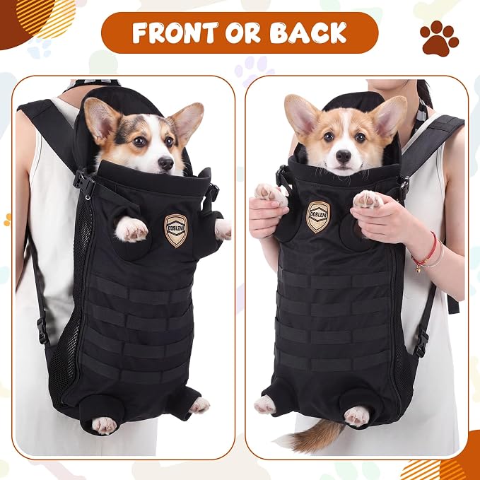 Dog Carrier Tactical Backpack for Medium Large 26-40lbs, Dog Soft Hands-Free Legs Out Pet Cat Front Carrier Backpack Facing Travel Bag for Outdoor Traveling Hiking Camping Bike(Black)