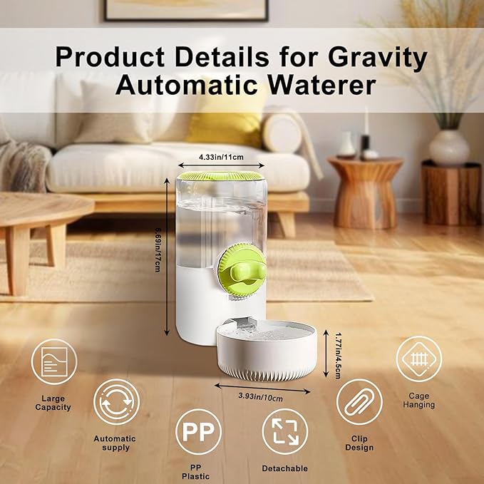 Distributeur d'eau à siphon par gravité automatique pour cage suspendue, distributeur d'eau automatique suspendu pour cage de 1 litre, gamelle d'eau pour chats, chiens, lapins, furets, chinchillas, oiseaux, hérissons, cochons d'Inde (vert clair)