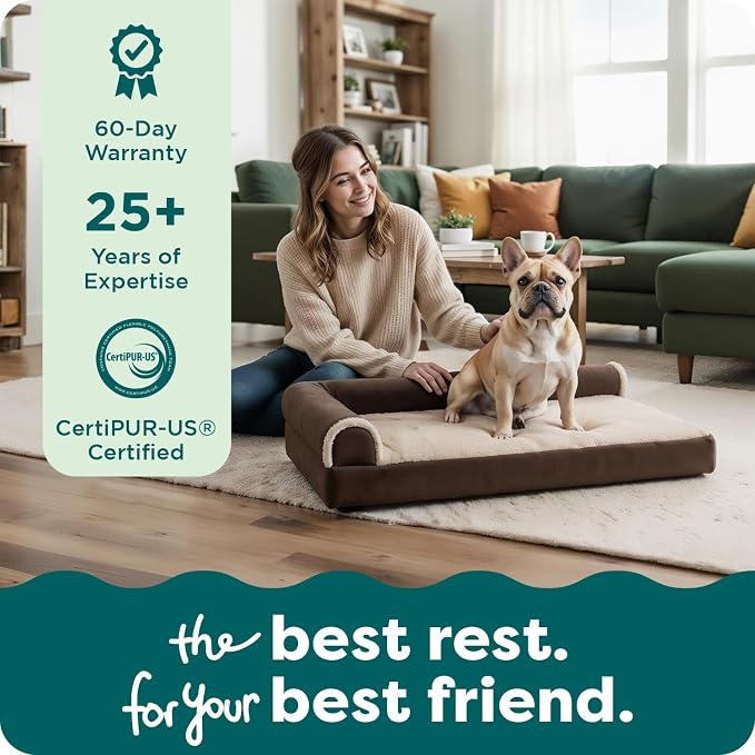 Furhaven Orthopedic Dog Bed for Medium/Small Dogs w/ Removable Bolsters & Washable Cover, For Dogs Up to 35 lbs - Two-Tone Plush Faux Fur & Suede L Shaped Chaise - Espresso, Medium,30"L x 20"W x 6"Th