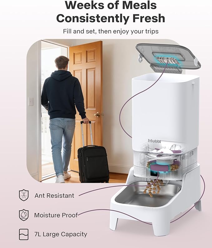 Automatic Cat Feeder with Camera - 7L Automatic Dog Feeder with Large Food Tray & 1080P Night Vision, Elevated Bowl, 2-Way Audio, 10s Voice Recording, 5G/2.4G WiFi Timed Cat Food Dispenser, 1-15 Meals