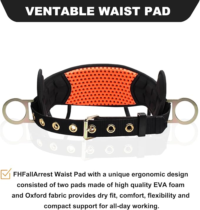 Safety Harness Climbing Belt - Tongue Buckle Safety Belt With Ventable & Moisture-Wicking Waist Pad and 2 Side D-Rings Personal Fall Protection Safety Belt for Work Positioning Restraint