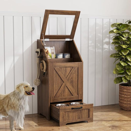 Dog Feeding Station with Storage Cabinet and 2 Elevated Dog Bowls, Hidden Pet Food Storage Organizer for Dog &Cat, Modern Dogs Furniture, Walnut