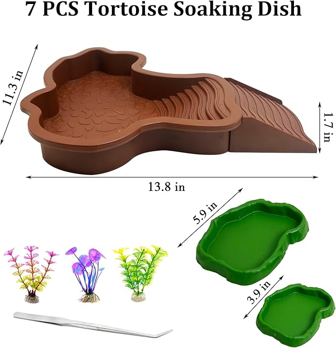 7 Pcs Reptile Bathing Pool 2-in-1 Tortoise Water Dish with Ramp Large Turtle Feeding Bowl with Steps Gecko Habitat Decoration Accessories Lizard Bath Tub
