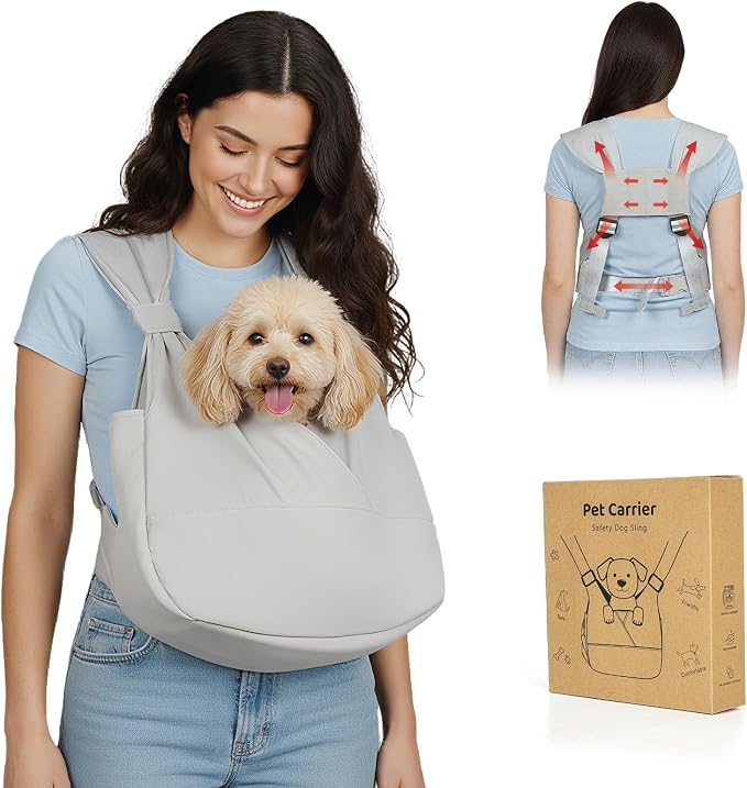 Dog Sling Carrier Front with Thicken Bottom Support for Small Dogs 10-16 lb | Adjustable, Hands Free, Comfortable Wearable, Lightweight, Vet Visits, Anxiety, Travel, Hiking, Safety Clip Grey