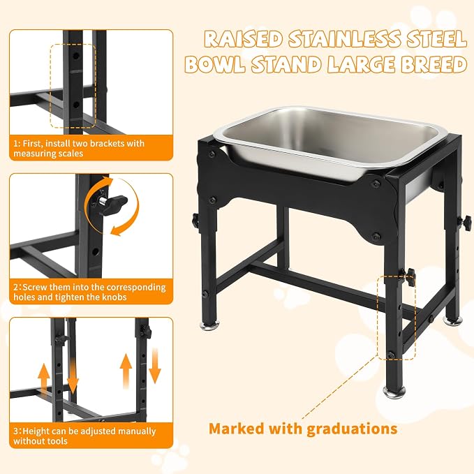 BWOGUE 1.25 Gal Elevated Dog Water Bowl, Raised Stainless Steel Bowl Stand | Raised Dog Water Bowl, 4 Adjustable Heights at 9/11/13/15 in, Non-Slip Base, Outdoor Use, Joint Pressure Relief