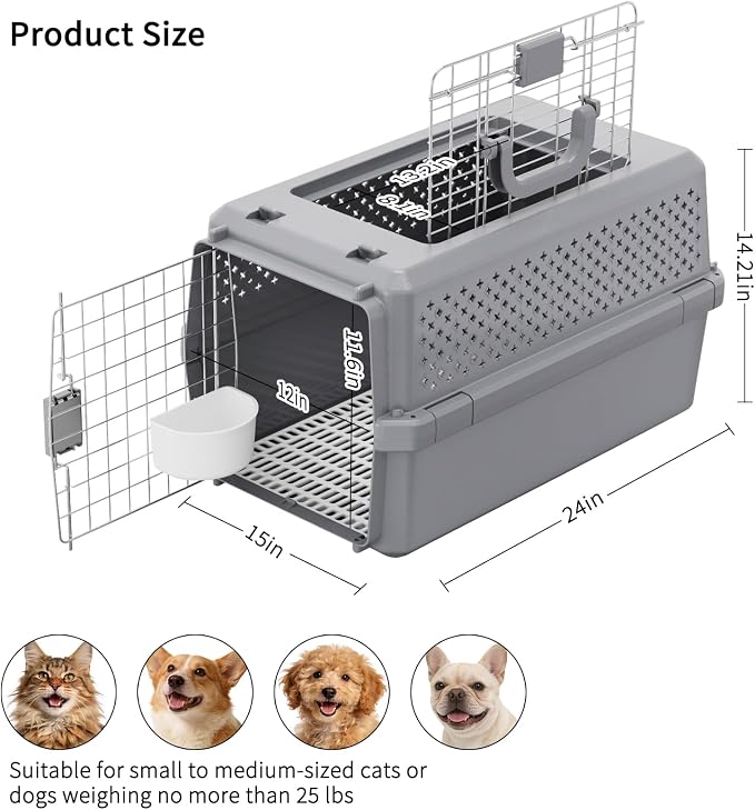 RIZZARI Gray Pet Carrier for Medium Dogs & Cats, Hard-Sided Travel Kennel | Spacious Interior,Reinforced Side Latches,Stable Carrying Handle,Wide Front Entry,Supports Daily Travel,Light weight to Carry