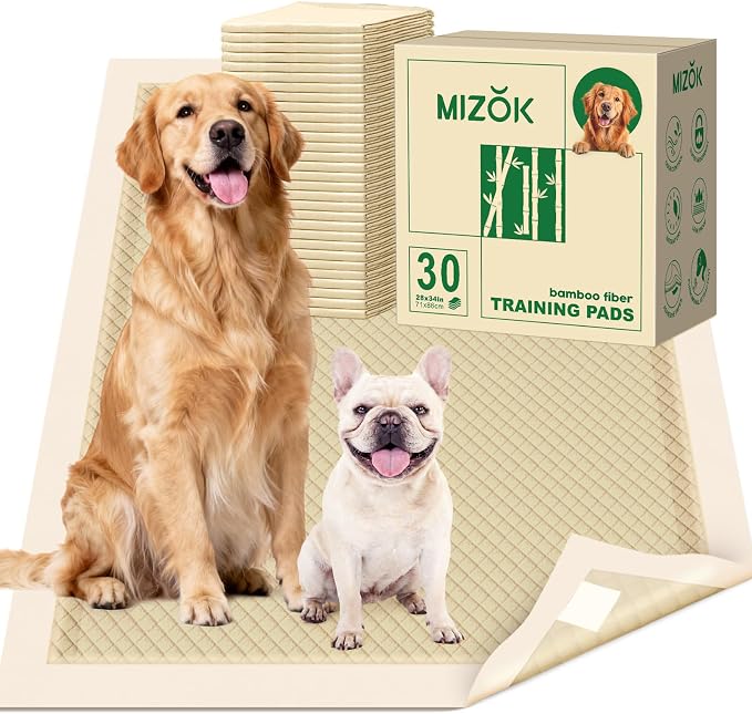 MIZOK Bamboo Dog Pee Pads Highly Absorbent No Leak Extra Large 28x34in 30Ct | Highly Absorbent Bamboo Pads Neutralize Odors Quickly and Leak Proof Bottoms Protect Your Floors for Potty Training