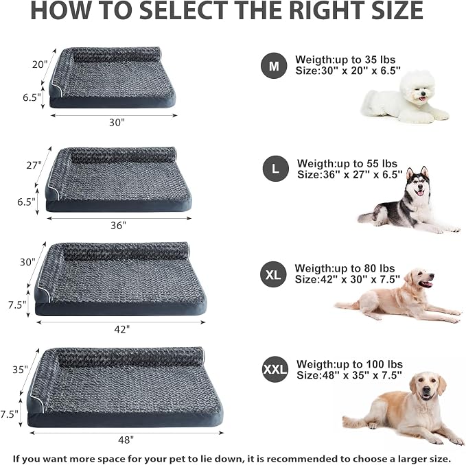 BFPETHOME Extra Large Orthopedic Dog Bed, L-Shaped Pet Bed for Dogs up to 100 lbs, Waterproof, Removable Washable Cover, Non-Slip Base, 48 x 35 x 7.5 inches, Dark Grey | Deluxe Plush Rose Velvet Washable Cover, Egg Crate Foam Support, Waterproof Lining...