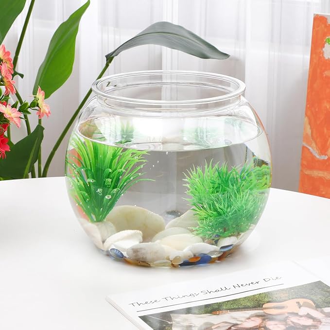 Abaodam Small Desktop Fish Tank 8.66In Round Clear Plastic Fish Bowl Aquarium for Betta and Aquatic Plants Home Office Garden Decor