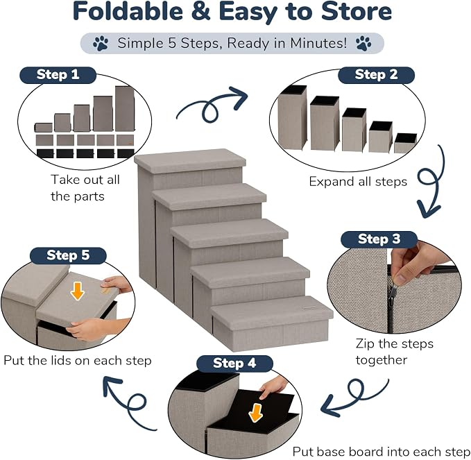 5-Step Wide Dog Stairs with Storage 23" H, Non-Slip Sturdy Pet Steps for High Bed Couch Window, Pet Stairs for Small/Medium/Large Old Dogs Cats Up to 260lbs, Cat Dog Steps for Car/SUV, Grey