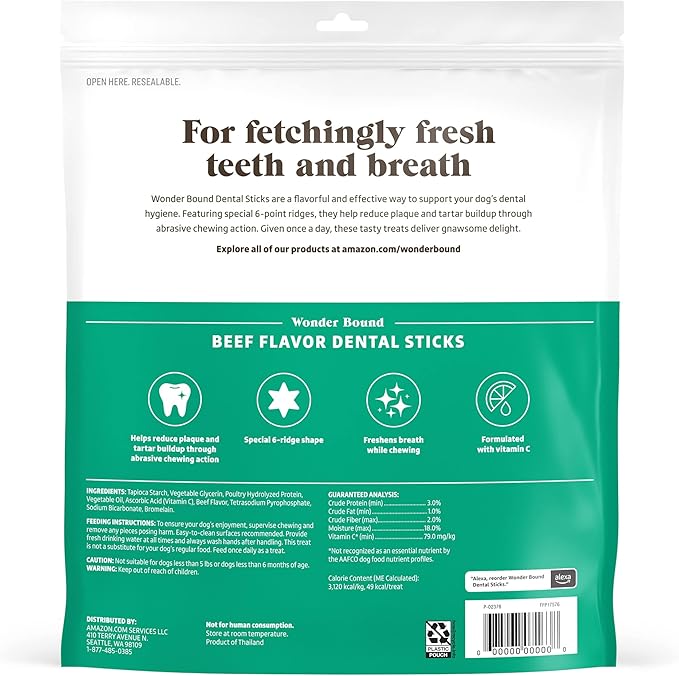 Wonder Bound Beef Flavor Dental Sticks for Small/Medium Dogs (15-40 lbs), 6-Ridge Shape for Plaque & Tartar Control, Freshens Breath, Formulated with Vitamin C, 45 Count