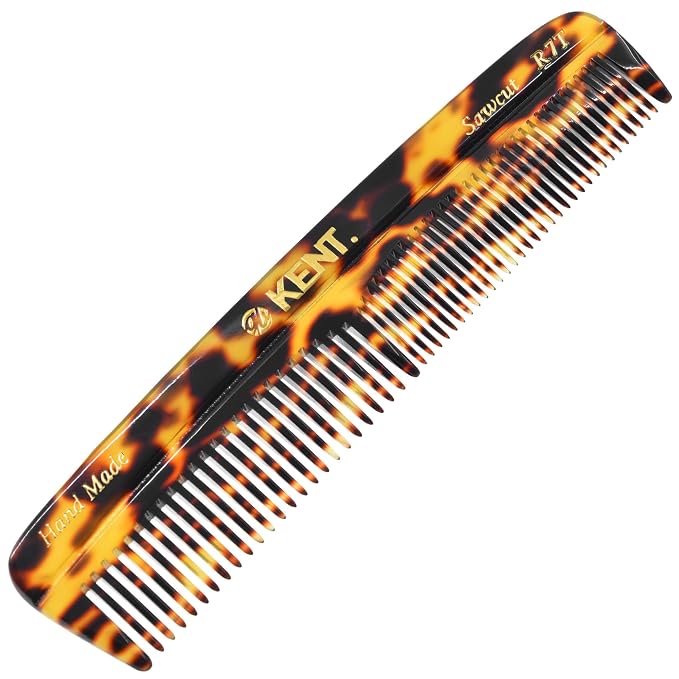 Kent R7T TY Fine and Wide Tooth Hair Comb, Handmade Pocket Comb for Men, Beard and Mustache Combs for Everyday Grooming and Styling, Sawcut Kent Combs, Made in England