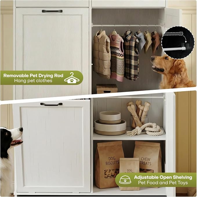 Furnaza Pet Feeding Station with 4 Bowls, Dual Doors Dog Cabinet Storage | White 39.7"W Dual Doors Pet feeding station with storage for dogs and cats, Pet Food Storage for Kitchen, Living Room