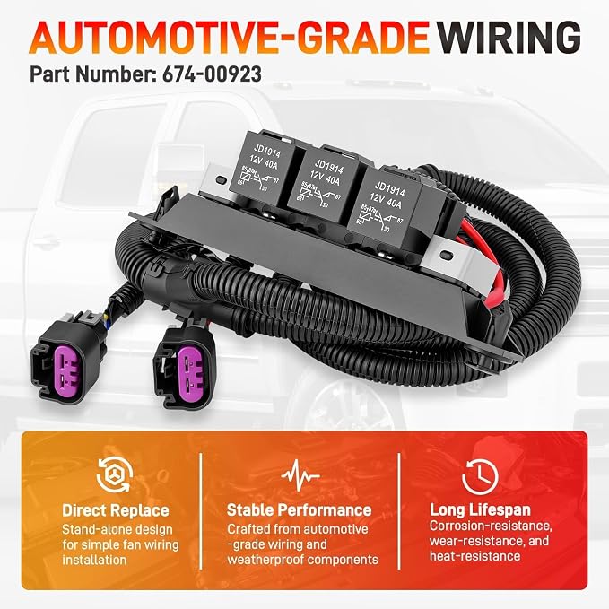 674-00923 Dual Speed Electric Fan Control Wiring Harness Kit with Relay | Compatible with Chevy Avalanche Silverado Suburban Cadillac Escalade GMC Sierra Yukon 1999-2007 Retrofit Stand Alone Fan Wire