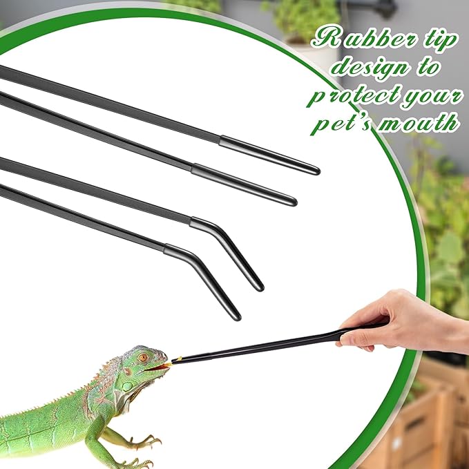 Lasnten 2 Pcs Extra Long Stainless Steel Reptile Feeding Tongs with Rubber Tip 10 Inch, 10.5 Inch Bearded Dragon Aquarium Straight and Curved Long Tweezer Terrarium Feeder Tool for Tank(Black)