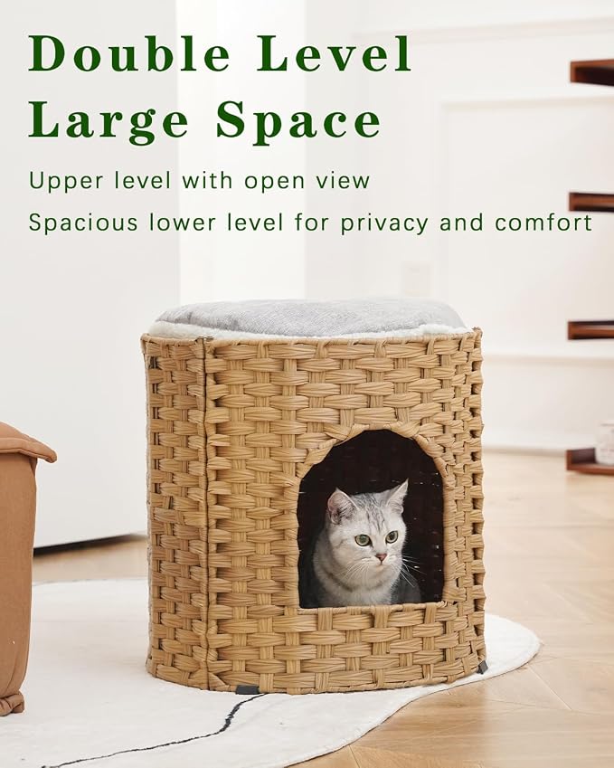 SETVSON Cat House for Indoor Cat, Large Double Cat Houses Bed, Natural | Handwoven PE Rattan Cave with One Soft Pad, 17 x 17 x 17 In Foldable Kitten Hideaway, Double-Level Play & Nap Spot