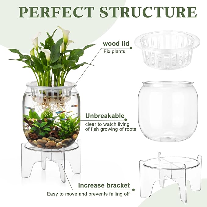 Thenshop 1.07 Gallon Plastic Aquaponic Planter and Aquarium Betta Bowl Fish Aquariums Small Fish Tank with Base and Top Promotes Healthy Hydroponic Environment for Plants (Elliptical Cylinder)