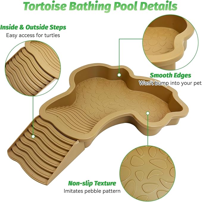 PINVNBY Large Reptile Bathing Pool Tortoise Water Dish with Removable Ramp and Leaf Reptile Food Dish & Water Bowl Tortoise Habitat Accessories for Turtle Lizard Gecko Snake (Yellow)