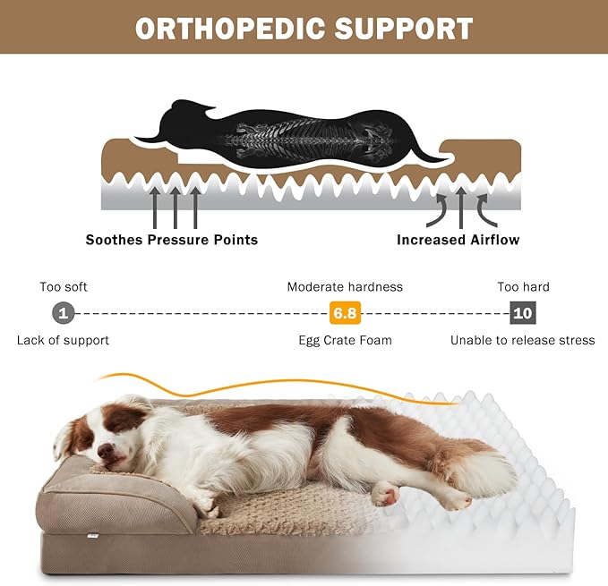 L Plus Orthopedic Dog Bed for Large Dogs, Washable Dog Sofa with Egg-Crate Foam, Waterproof Lining and Non-Skid Bottom