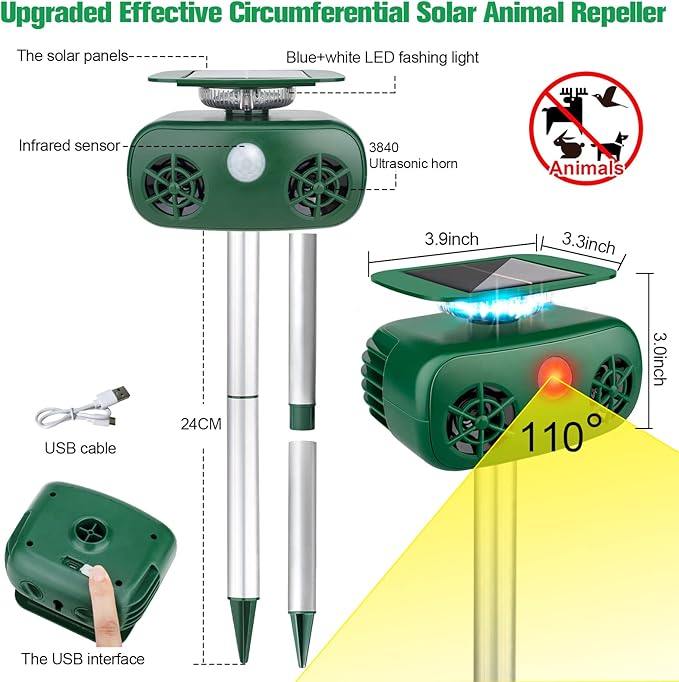 Ultrasonic Animal Repeller Outdoor,Cat Repellent Outdoor,Deer Repellent Devices with Motion Sensor & Flashing Light,Solar Powered Ultrasonic Dog Repeller for Repelling Cats,Deer,Squirrels,Raccoons