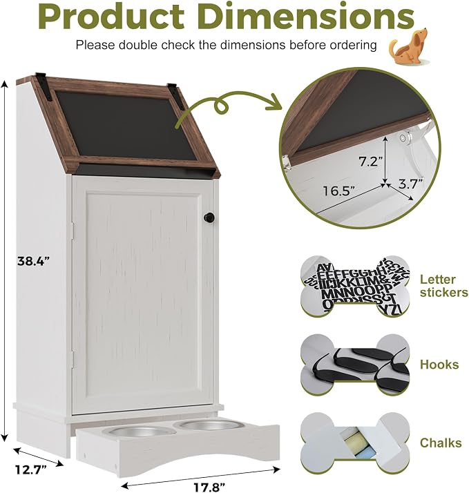 White 38.4" H Dog Feeding Station with Storage | Pet Food Storage Cabinet with 2 Elevated Bowls,Hooks,Hidden Dog Feeding Organizer for Cats and Dogs