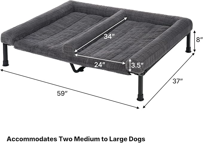 Veehoo Plush Double Dog Couch Bed for 2 Dogs, Washable Elevated Dog Bed | Cooling Raised Pet Cot with Removable Bolster Cushion, Breathable Mesh, No-Slip Feet, 59 x 37 inches, Grey