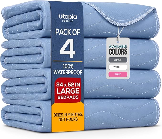 4 Pack Waterproof Reusable Heavy Absorbency Incontinence Bed Pads 34"x52" | Utopia Bedding Washable Underpads, Chuck Pads for Adults, Kids, Elderly and Pets, Bedwetting Pads for Sofa and Couch, Blue