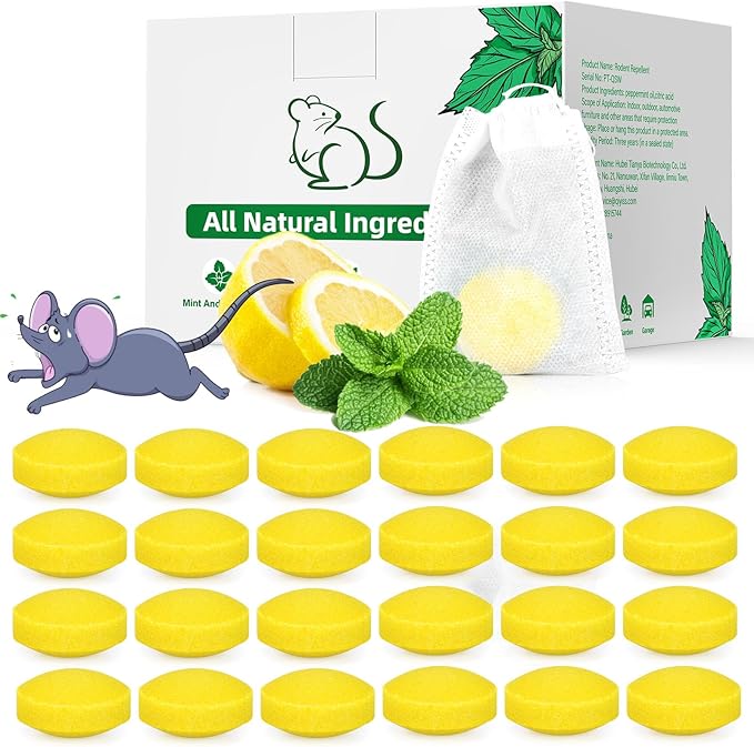 Pest Rodent Repellent, 24 Pack Peppermint Oil Repellent for Mouse Rats Spider Roach Ant Squirrel Pest Control Indoor & Outdoor, Natural Mice Deterrent Replace Trap Poisoning Family & Pet Safe Yellow