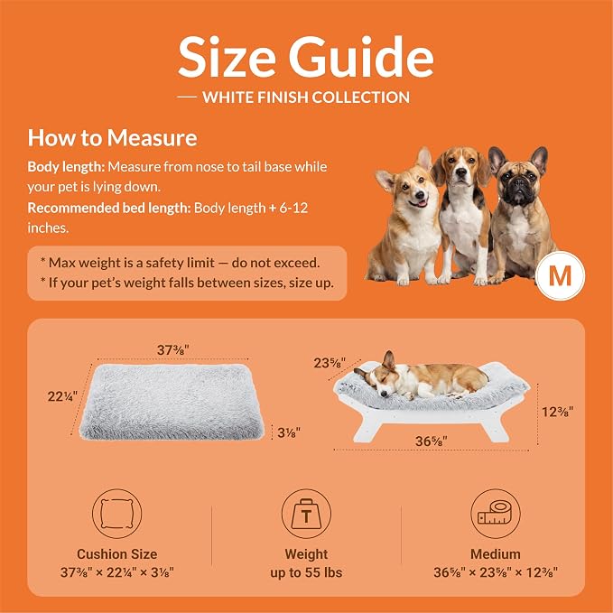 Elevated Wood Dog Bed Frame Mat Set, Whitecolor, Medium | Raised Sturdy Attractive Dog Sofa Couch Furniture,55 lb