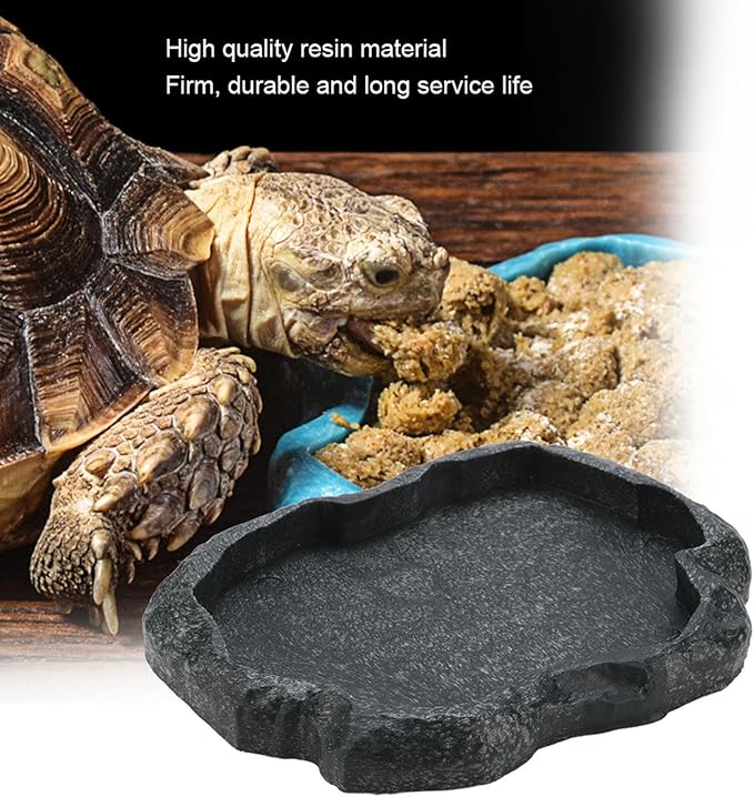 Tortoise Water Bowl - Reptile Water Food Dish Medium - Shallow Rock Reptile Feeder - Pet Aquarium Ornament Terrarium Dish Plate for Feeding Water Tortoise Lizard, 7.1 * 5.5 * 0.8in