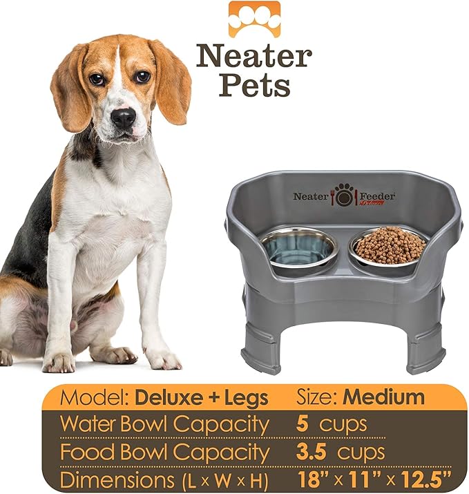 Neater Feeder Deluxe Mess-Proof Elevated Dog Bowls for Medium Dogs (19–40 lbs), 2 Height Adjustable (10” & 12.5”) No-Spill Raised Dog Bowl Stand, Stainless Steel Food Bowl Set, Made in USA, Gunmetal