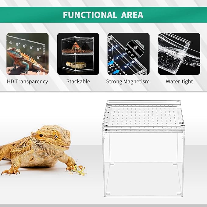 Reptile Terrarium,6.8" x 6.8"x 6" Reptile Breeding Box, Magnetic Acrylic Enclosure，for Tarantula，Hermit Crab，Jumping Spider，Iguana，Leopard Gecko，Bearded Dragon, Insect, Mantis, Scorpions.