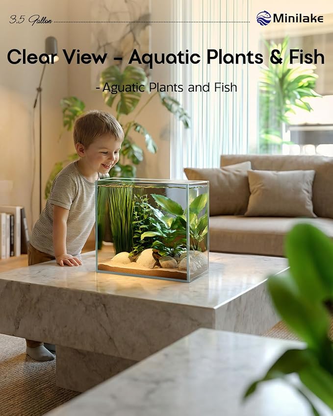 Glass Fish Tank, 3.5 Gallon Easy to Maintain Small Aquarium for Betta,Snails, Shrimp and Aquatic Planting.