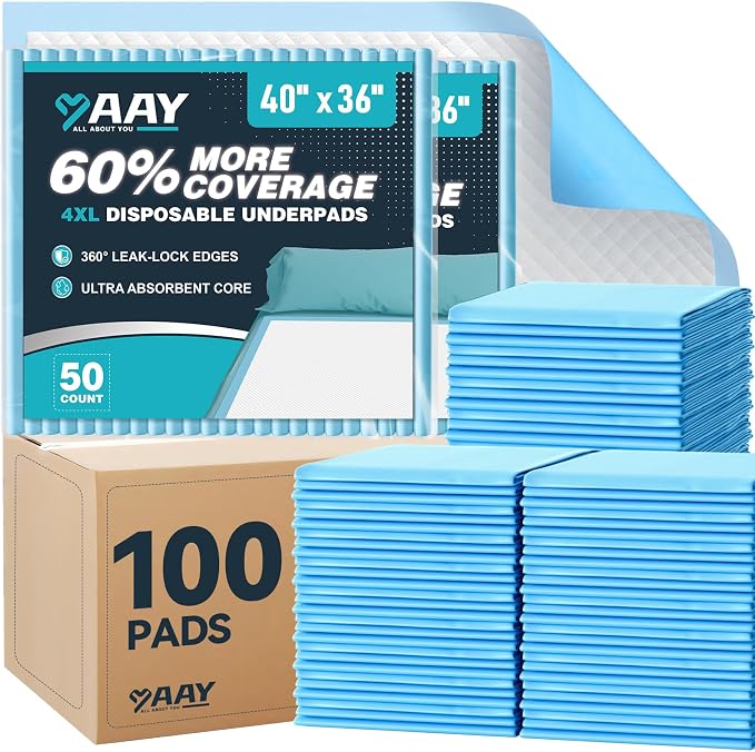 AAY Extra Large 40"x36" Disposable Underpads for Incontinence, 100 Count | Super Absorbent, Leak-Proof, Bed Pads for Adults, Elderly, Kids, Pee Pads, Chucks Pads, Furniture & Surface Protection Pad