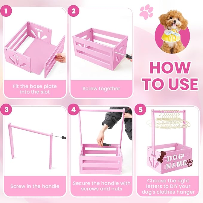 Teenyyou 20 x 13 x 9 Wooden Dog Closet Pet Wardrobe Crate Box with Hanging Rods and Personalized Alphabet Letters Easy Assembly Baskets for Dog Cat Toys Clothes Accessories(Pink)