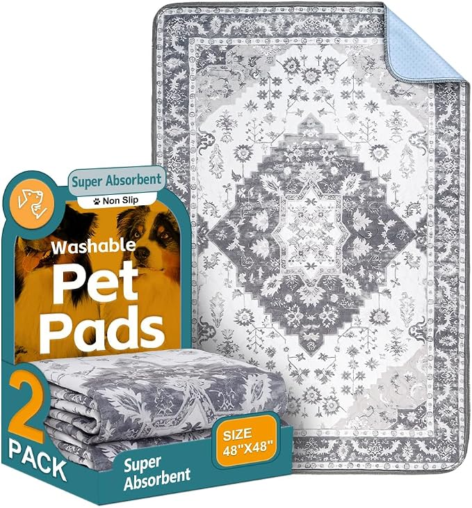 Washable Pee Pads for Dogs, 2 Pack Reusable Puppy Training Pads 48"x48" Super Absorbent Waterproof Dog Training Pads, Non-Slip Potty Pads, Whelping Pads Litter Mat Light Grey Medallion