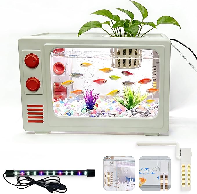 2.5 Gallon Fish Tank Aquarium Kit with LED Lights, Filter & Plant Planter - Retro TV Shaped Design Desktop Water Garden for Betta/Goldfish (White - 2.5 Gallon)
