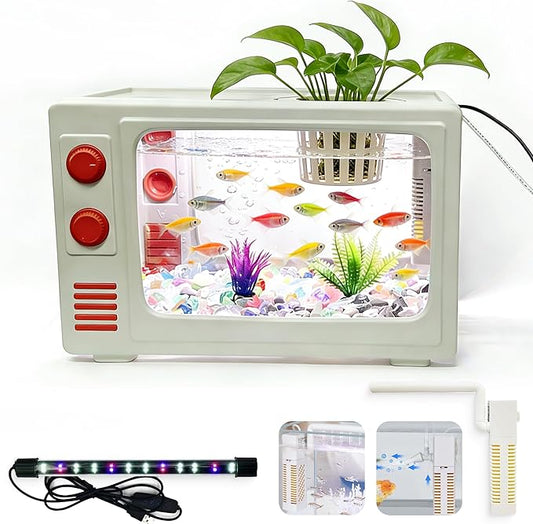 2.5 Gallon Fish Tank Aquarium Kit with LED Lights, Filter & Plant Planter - Retro TV Shaped Design Desktop Water Garden for Betta/Goldfish (White - 2.5 Gallon)