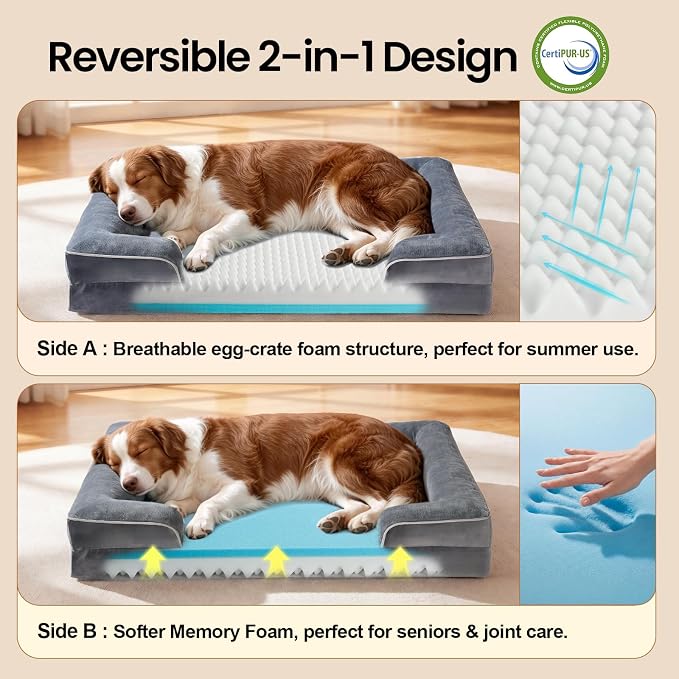 OhGeni Orthopedic Medium Large Dog Bed Sofa, Memory Foam, 35-inch (Gray) | Waterproof Pet Bed with Machine-Washable Removable Cover & Soft Comfortable Fabric