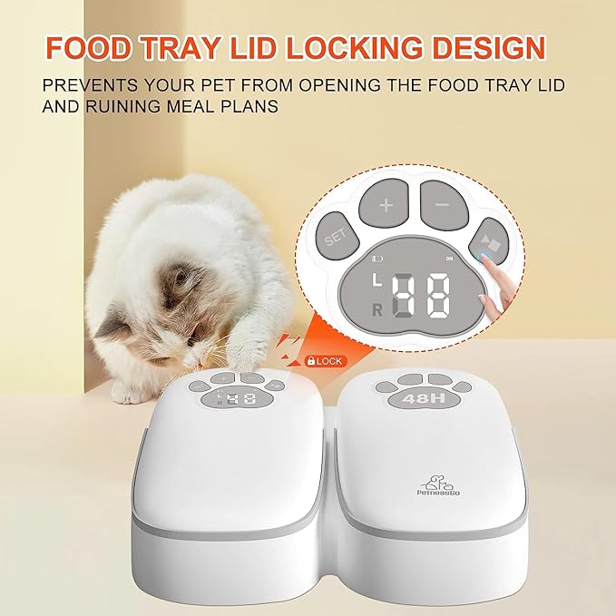 Automatic Pet Feeder for Cats and Dogs, 2 in 1 Upgraded-chip Timed Dry Pet Food Feeder with Display, 48 Hours Retain Freshness for Semi Wet Food, Healther Meal for All Home Pets.