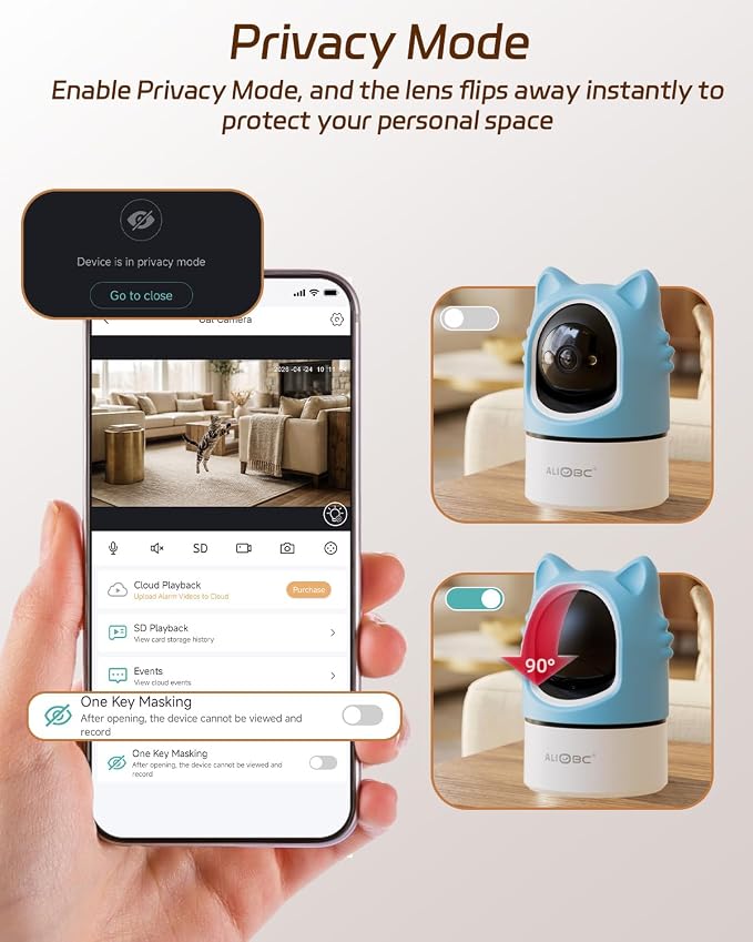 ALIOBC Pet Camera with Phone App Laser Toy 2K Cat Camera no Subscription | Auto Tracking Night Vision 355° Pan 2-Way Audio Dual-Band WiFi Indoor Pet Cam （Sky Blue）