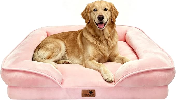 Spotted Play Orthopedic Dog Bed with Sides - Sofa Beds for Extra Large Dogs, Supportive Foam Pet Couch Bed with Washable Removable Cover, Waterproof Lining and Non-Slip Bottom, Pink - XL