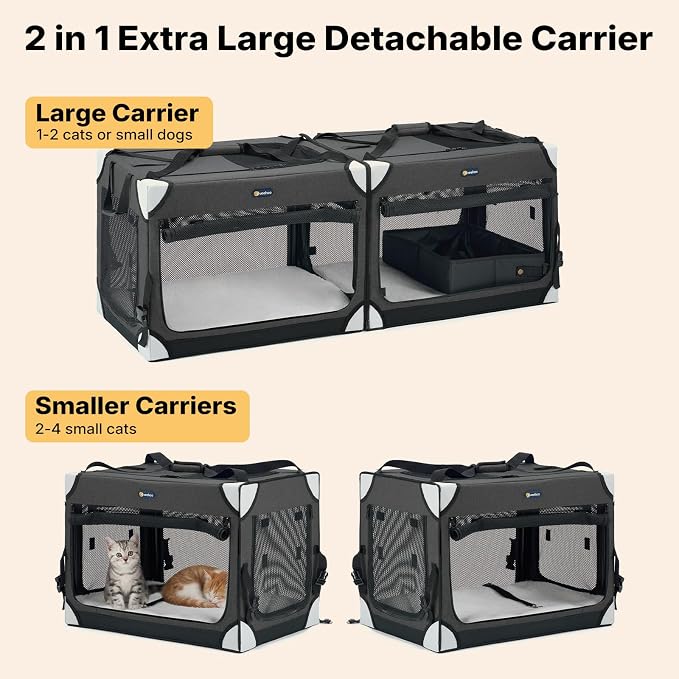 Veehoo Extra Large Cat Travel Carrier with Litter Box for 2 Cats, 48 inch Collapsible Dog Crate for Small Medium Dogs, 2 in 1 Cat Pet Puppy Kitten Foldable Car Carrier Soft Sided for Road Trip, Black