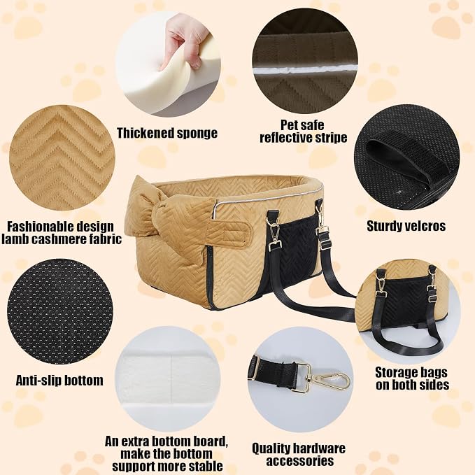 Dog Car Seat for Small Dogs, Portable Center Console Dog Car Seat, Pet Booster Seats with Safety Belt and Soft Cushion, Pet CarSeat for Dogs and Cats Under 15 lbs, Brown