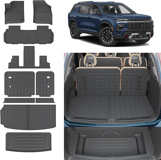 Rongtaod Floor Mats Compatible with 2024 2025 2026 Chevrolet Traverse 7 Seater Captain Chairs (NO Limited) Sub Trunk Mat Trunk Liner Cargo Liner Cargo Mat Chevy Traverse Accessories (Set of 10)