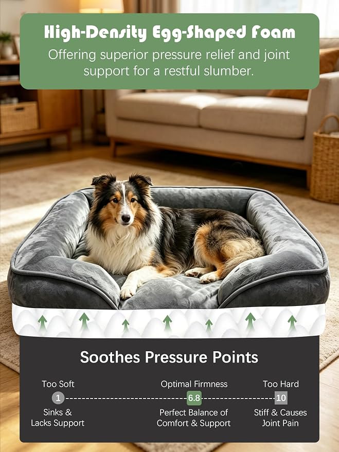 Spotted Play Orthopedic Dog Bed with Sides - Sofa Beds for Large Dogs, Supportive Foam Pet Couch Bed with Washable Removable Cover, Waterproof Lining and Non-Slip Bottom, Dark Grey - L-Plus