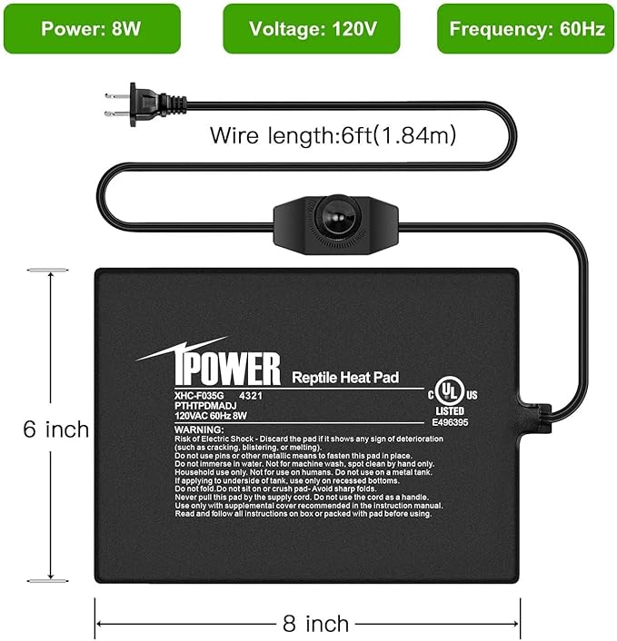iPower 6 by 8 Inch Reptile Heating Pad with Temperature Adjustable Controller Knob, Under Tank Warmer Terrarium Heat Mat for Reptiles and Amphibians