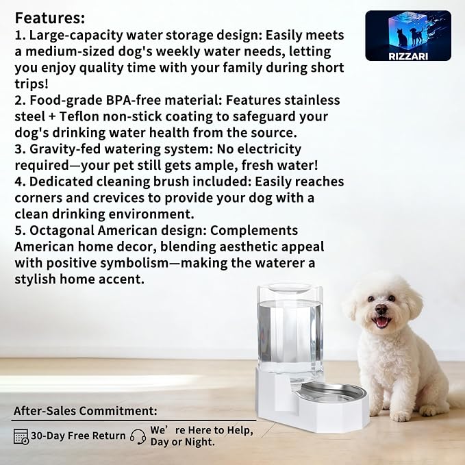 Sfozstra Dog Water Bowl Dispenser: 7L White Gravity Stainless Steel Bowl | Stable Non-Slip Base/Easy Refill/Indoor & Outdoor Use/Food-Grade Materials/Indoor & Outdoor Use